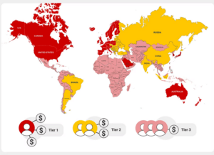 Minh họa các quốc gia bậc 1, bậc 2 bậc 3 trên thế giới